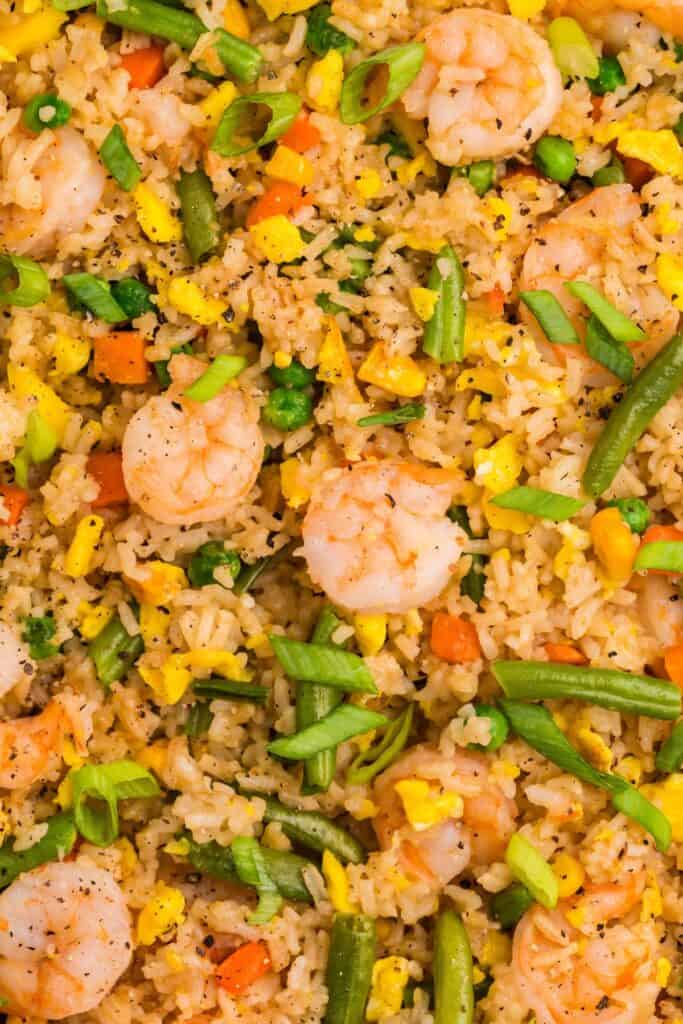 Close up of completed shrimp fried rice recipe.