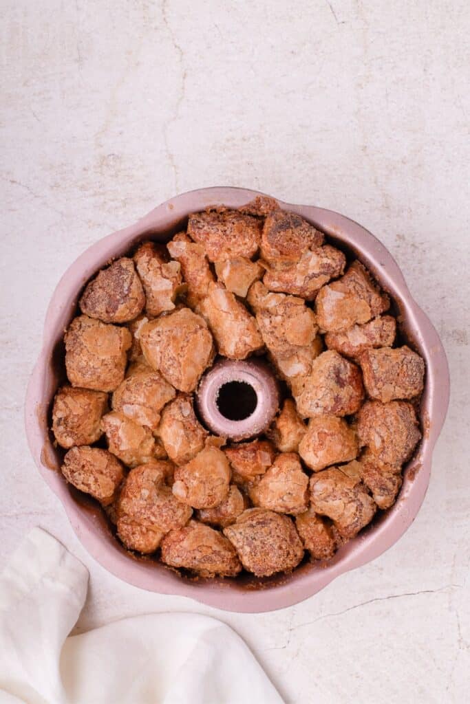 Monkey bread baked in a bundt pan, straight out of the oven.