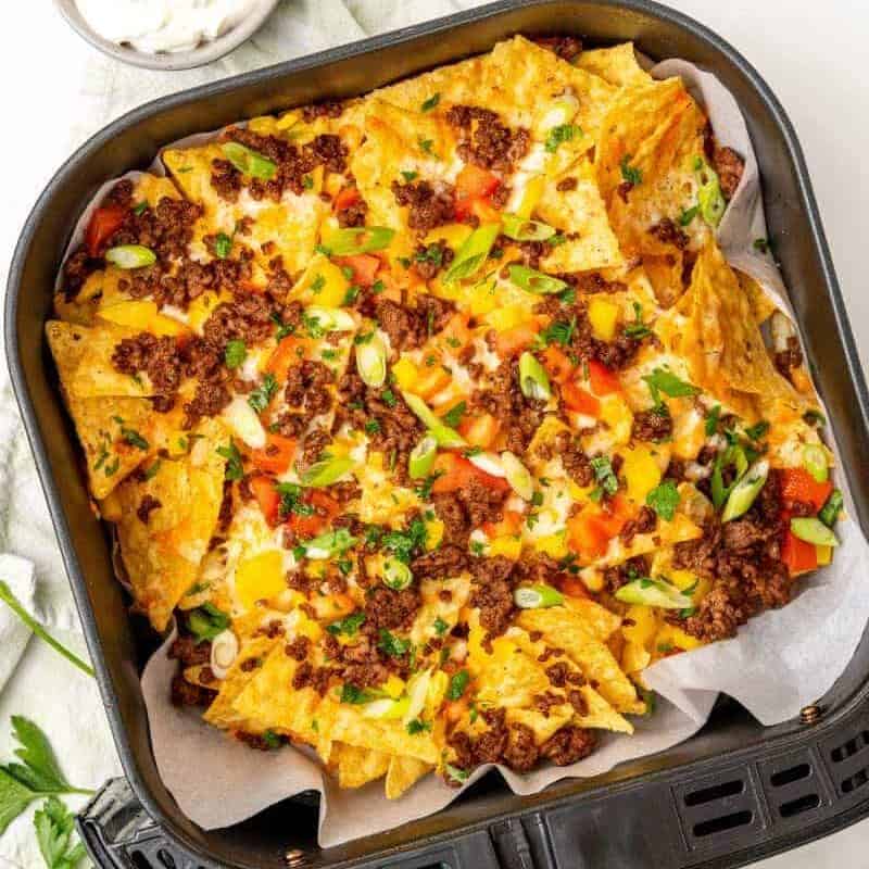 Air Fryer nachos in air fryer basker