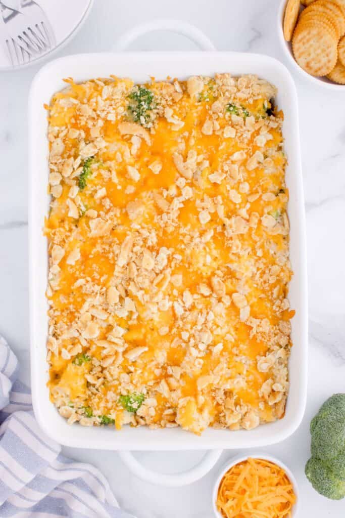 Overhead image of the completed, baked casserole in a serving dish.