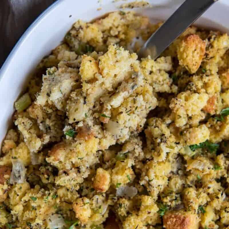 cornbread stuffing in casserole dish