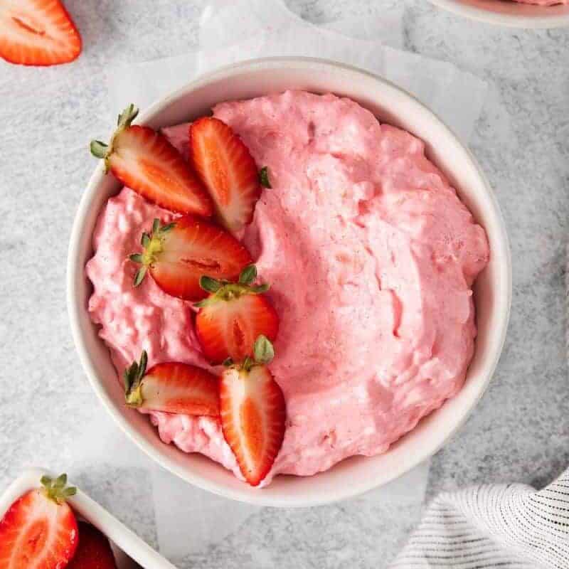 overhead shot of a bowl with cottage cheese jello salad