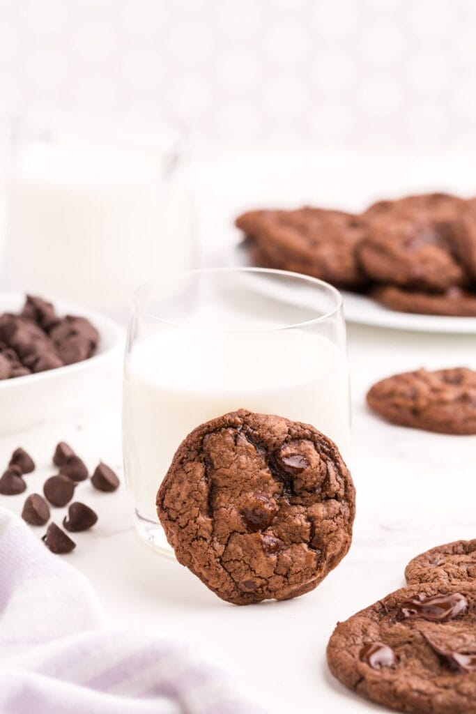 Double chocolate chip cookie propped up against a glass of milk. More cookies are in the foreground and background.