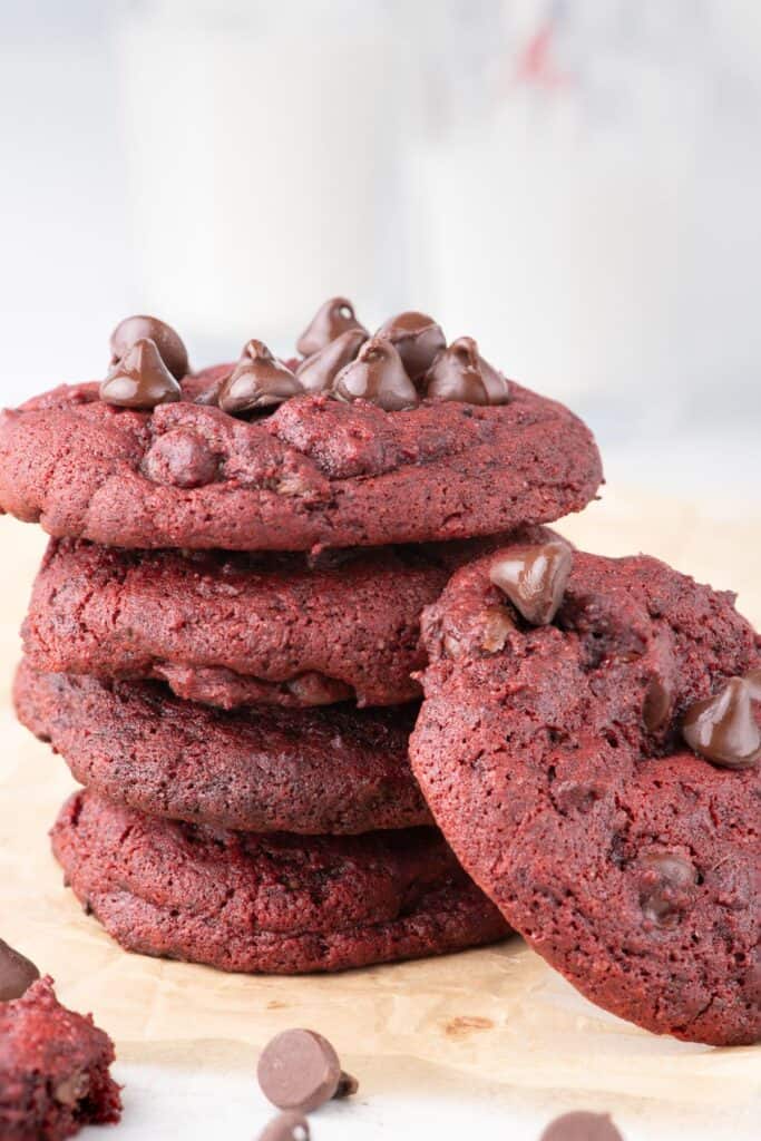 Close up stack of red velvet cookies.