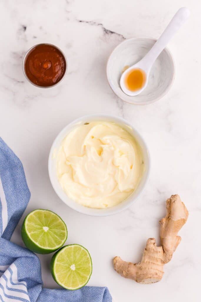 Ingredients for spicy mayo: mayo, Sriracha, fresh lime juice, toasted sesame oil, ginger