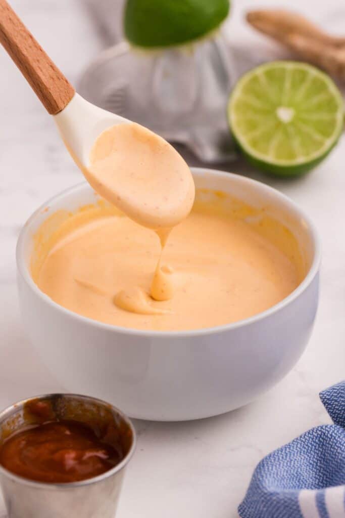 Small spatula lifting mayo out of the bowl.