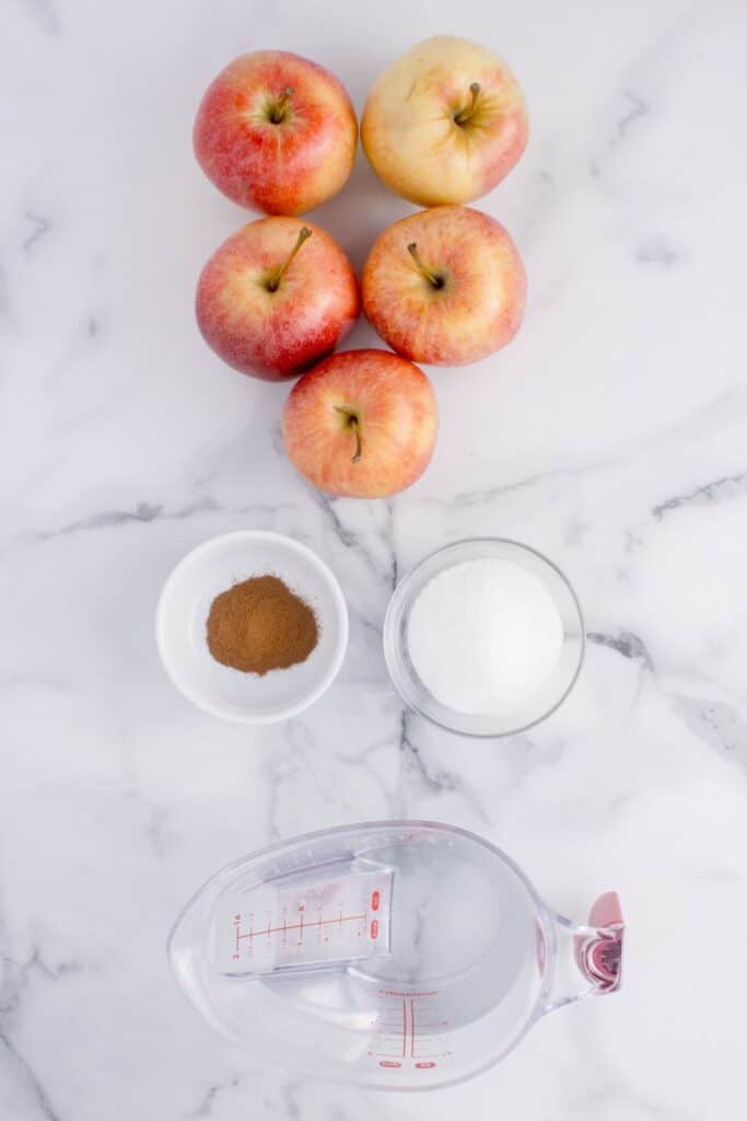 Ingredients for cinnamon applesauce: Apples, sugar, ground cinnamon, and water.