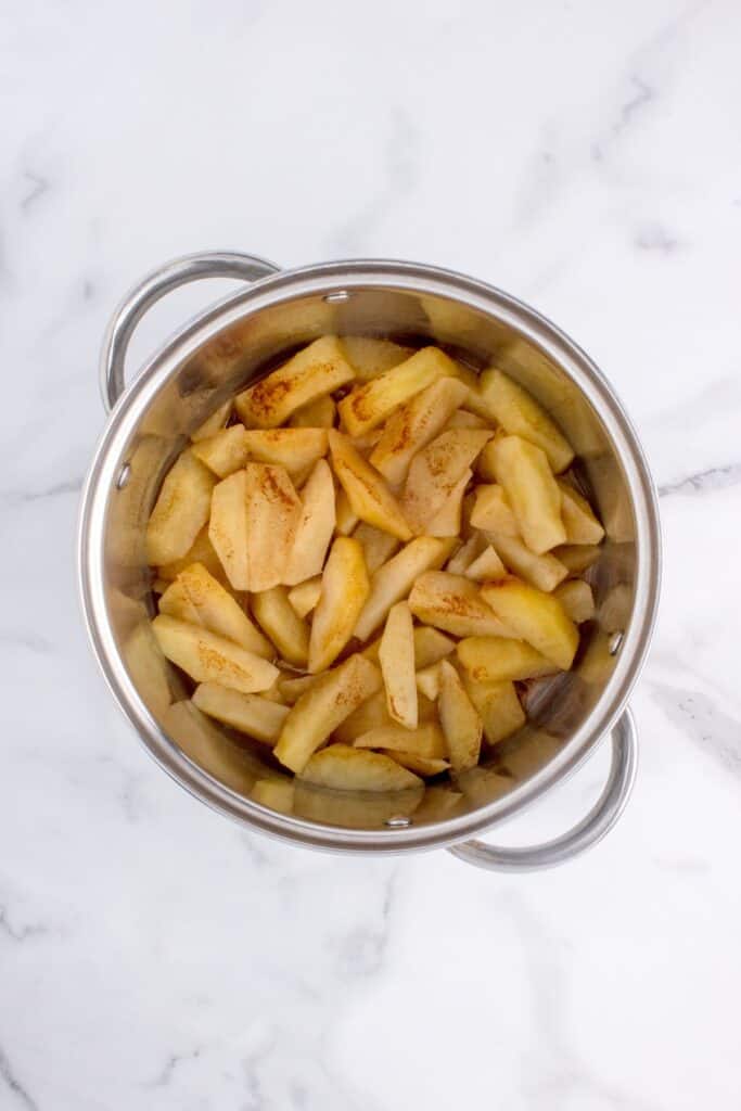 Pot of cooked sliced apples.