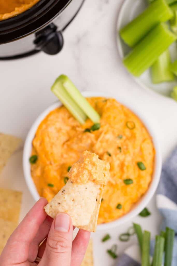 A hand holding a tortilla chip with Buffalo chicken dip on it. In the background shows the bowl of dip with a stalk of celery in it.