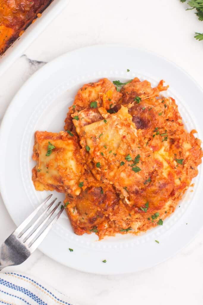 White serving plate with a large serving of lazy lasagna.