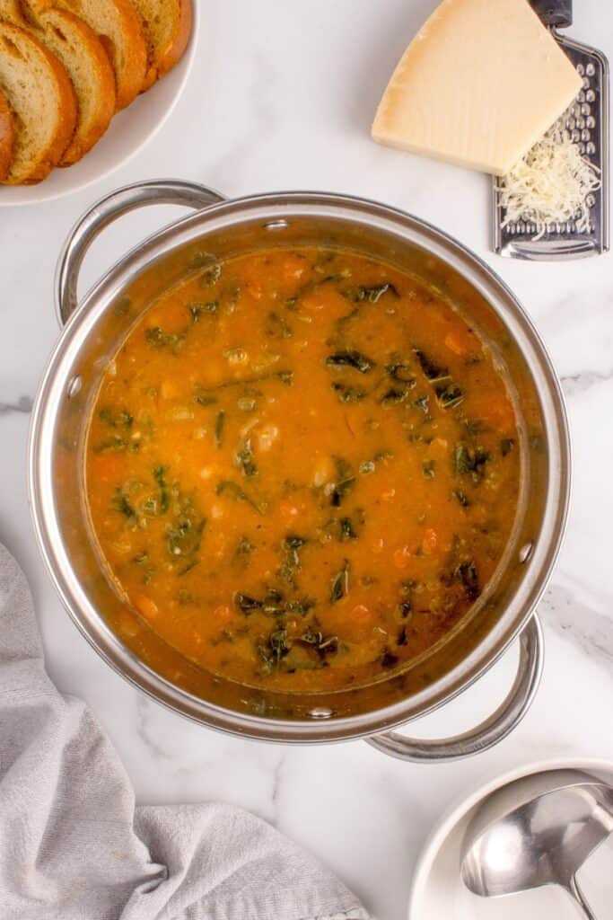 Pot of white bean soup surrounded by a plate of toast, a block of parmesan cheese, a cheese grater, a ladle, and a white bowl.