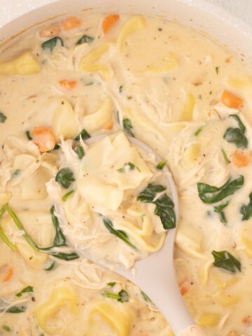 Close up view of chicken tortellini soup with a ladle.