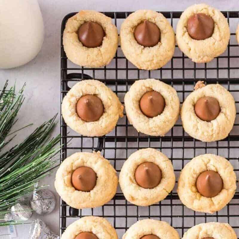 Hershey Kiss Shortbread Cookies lined on a wire cooling rack