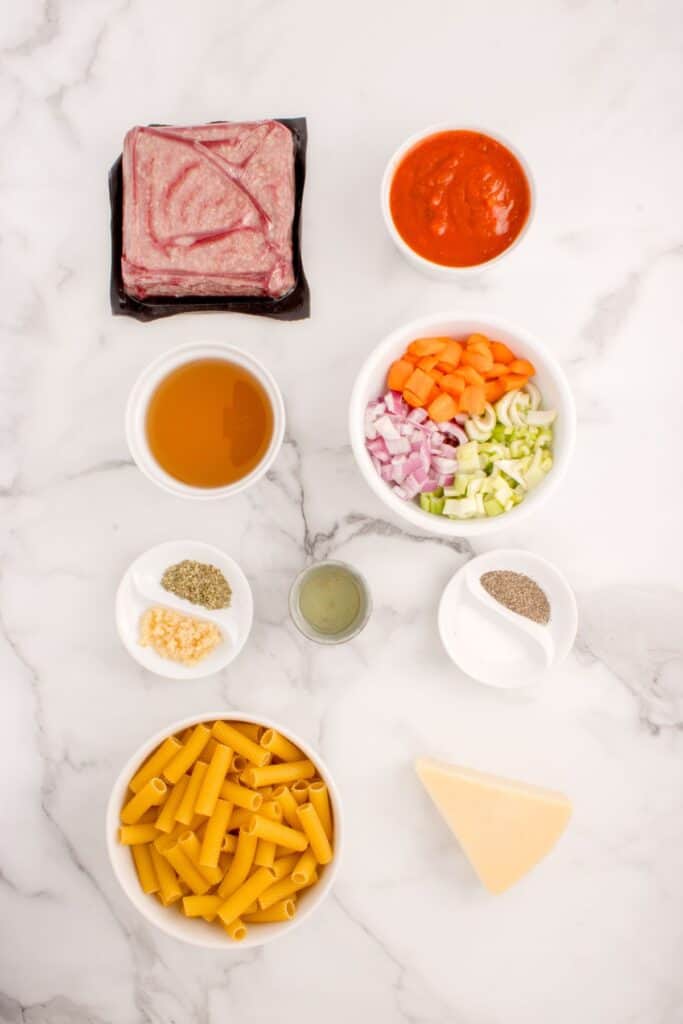 Ingredients for rigatoni bolognese: Rigatoni pasta, ground beef, carrots, celery, onion, tomato sauce, garlic, chicken stock, olive oil, parmesan cheese, Italian seasoning, basil, salt, and pepper.