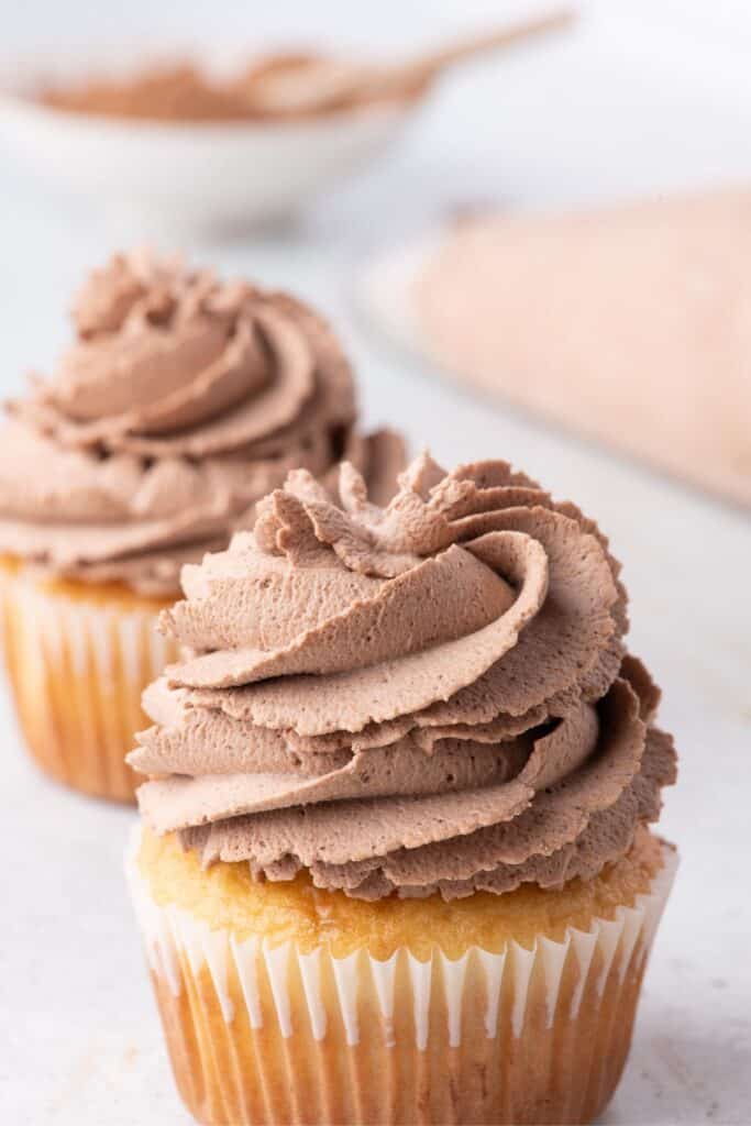 Vanilla cupcakes with chocolate whipped cream on top.