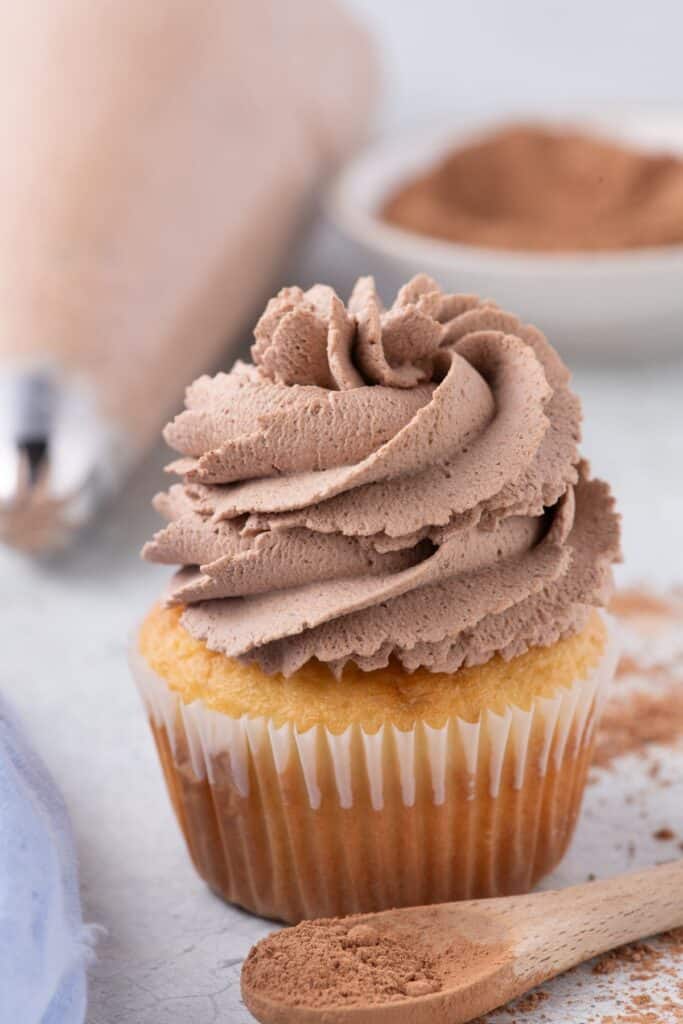 Chocolate whipped cream on a vanilla cupcake.