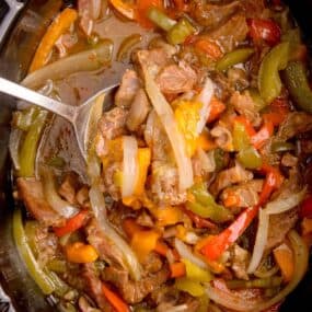 Completed slow cooker pepper steak in the crock pot.