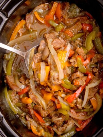 Completed slow cooker pepper steak in the crock pot.