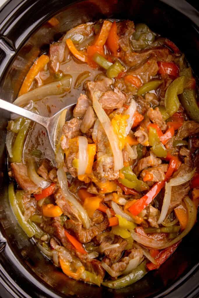 Completed slow cooker pepper steak in the crock pot.