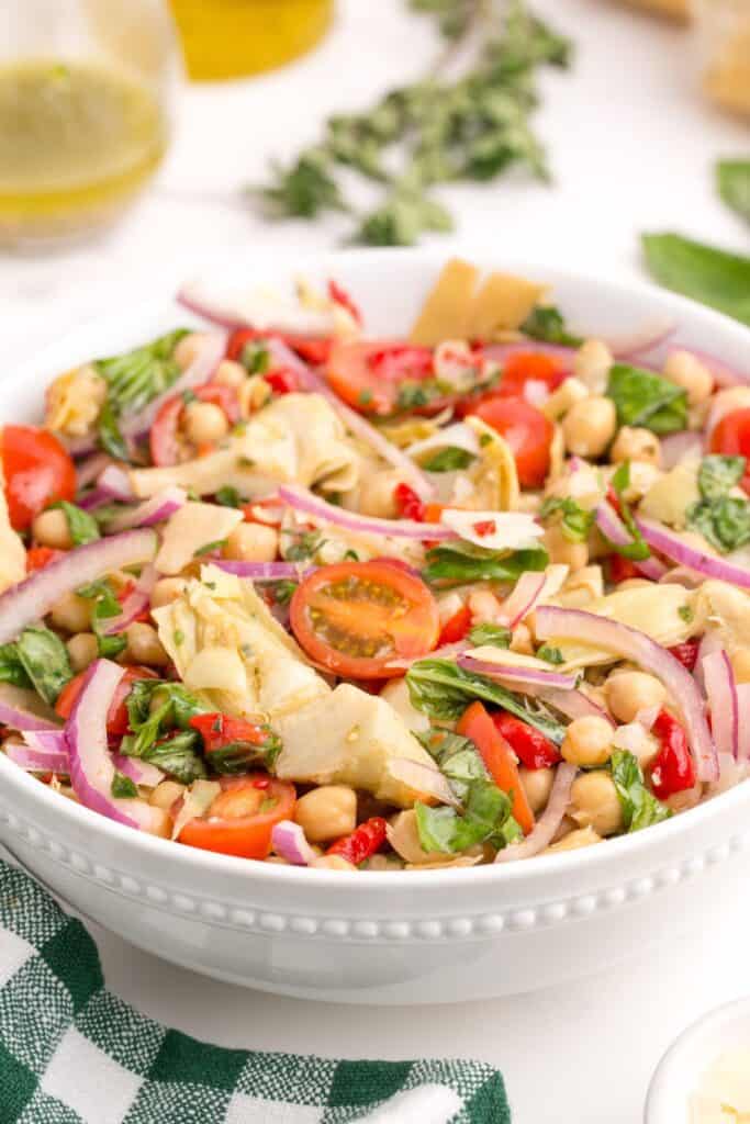 Serving bowl of artichoke salad.