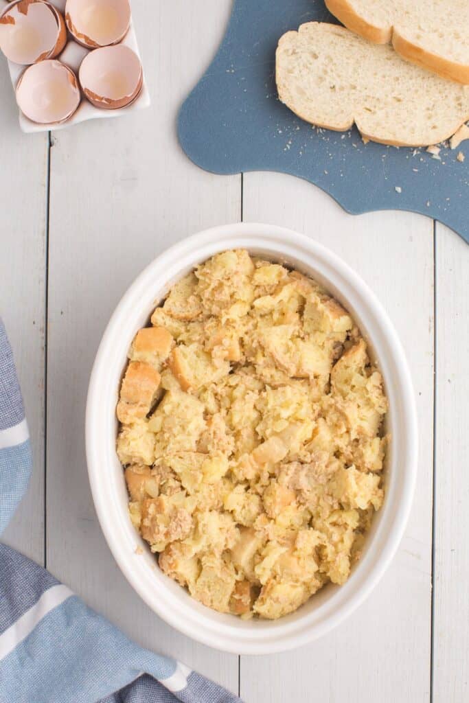 Prepped pineapple casserole in a baking dish.