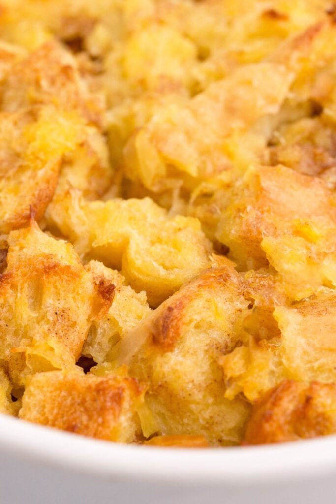 Close up of pineapple stuffing in a baking dish.